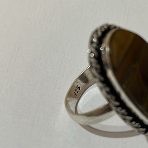 Tigers Eye Size 7.5 Stamped 925 Silver Overlay Gemstone Ring - Picture 6 of 8